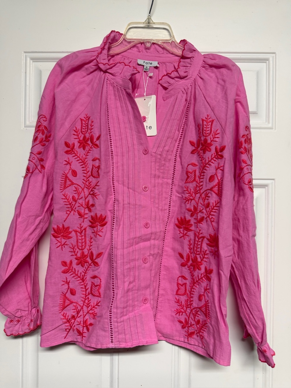 Fate Pink Button-Front Blouse with Red Floral Embroidery